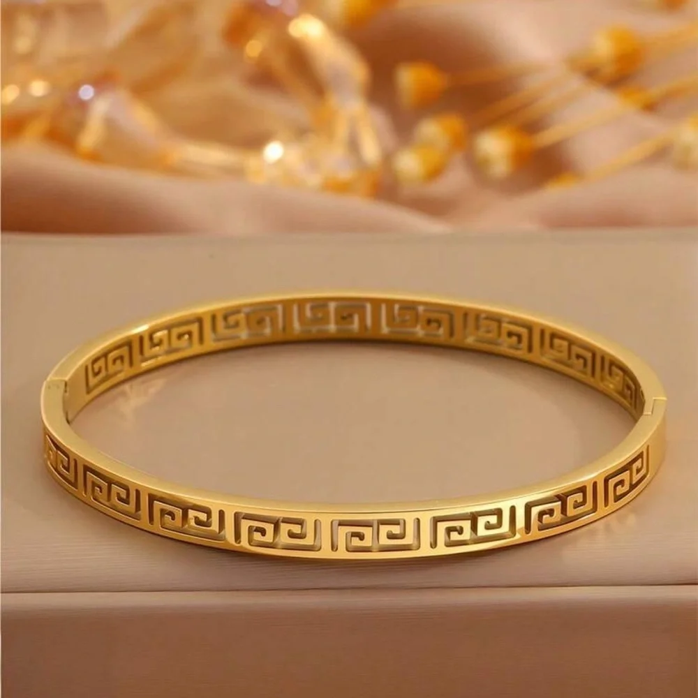 Gold Plated Stainless Steel Greek Key Bangle Bracelet Designer Style Cuff